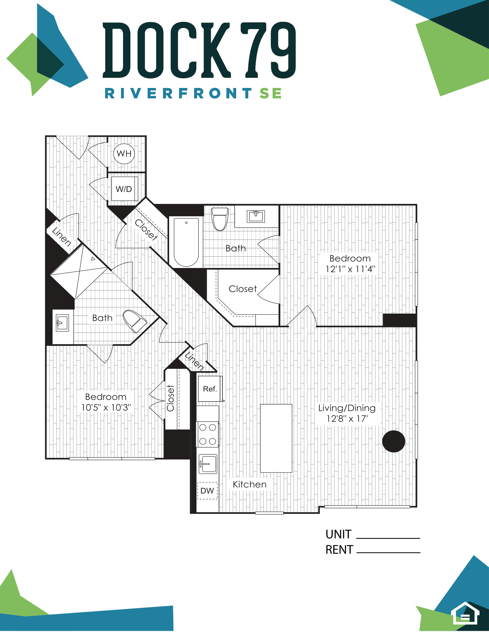 Floor plan for 2 beds, 2 baths, 1040 sqft